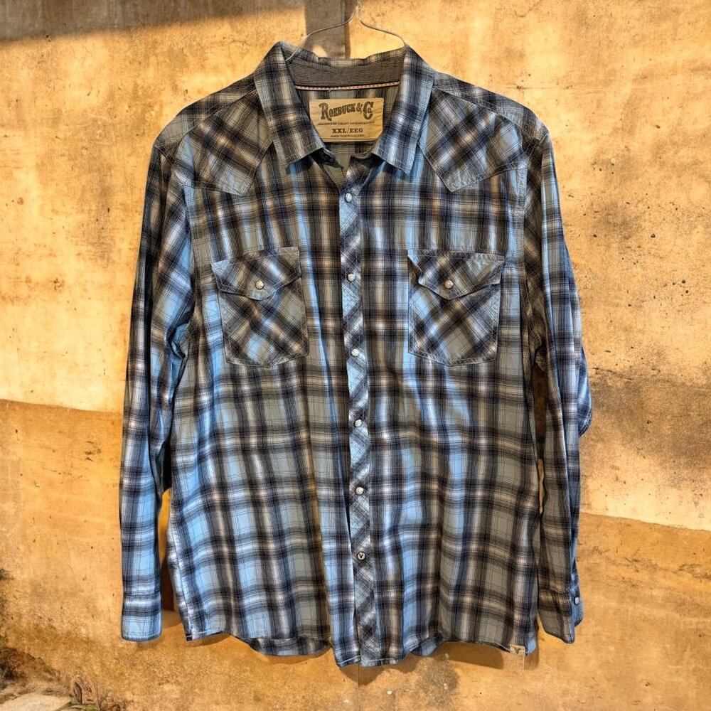 Roebuck & Company Men's Blue Plaid Western LS Shirt - Size XXL
